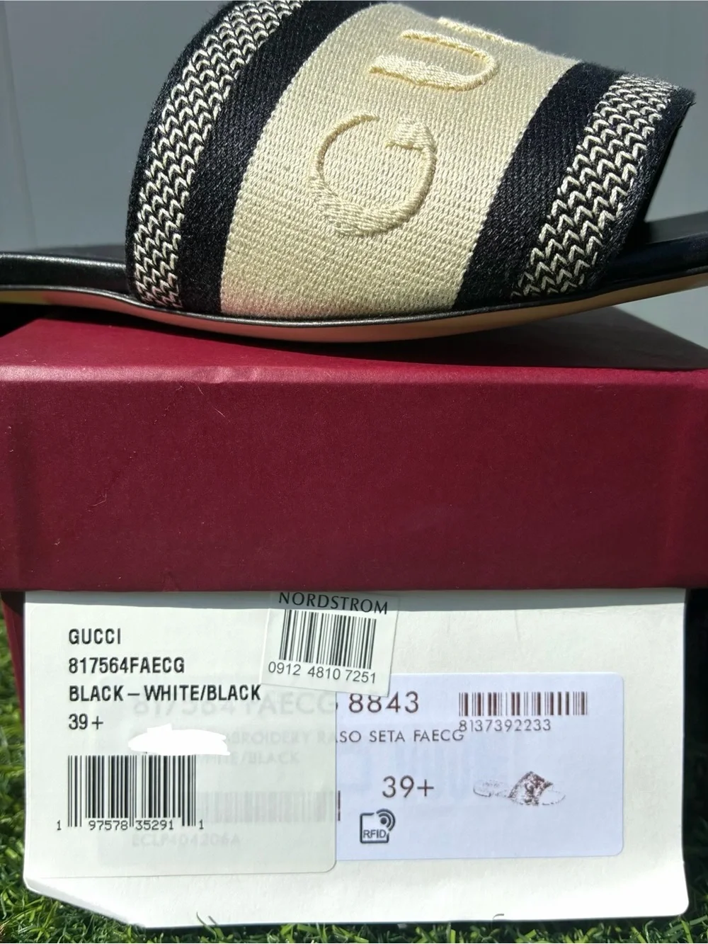 GUCCI JANE EMBROIDERED LOGO BLACK IVORY JACQUARD LEATHER SANDALS SZ 39.5 NEW